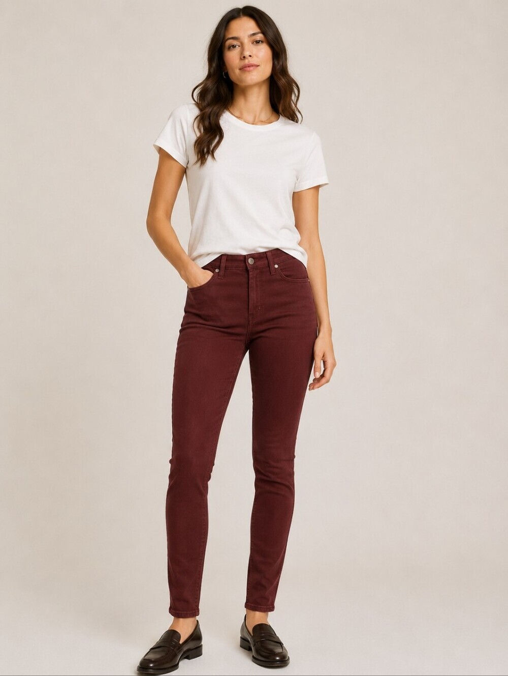 ❤️ MADEWELL HIGH RISE 9" SKINNY SATEEN JEANS, BURGUNDY, 14 (32)